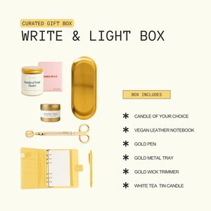 a curated gift box containing various items such as a candle, a notebook, a pen, a tray, and a wick trimmer, all presented in a visually appealing manner.