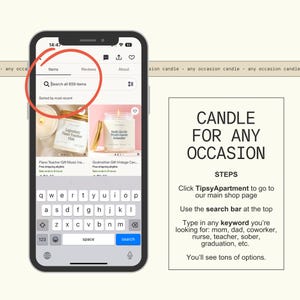 The image is a smartphone screen displaying a search bar for a candle store, with a candle image and a list of items to search for.