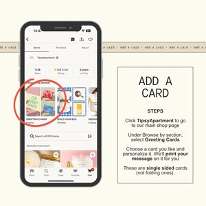 a smartphone displaying a greeting card app interface, with a red circle highlighting a specific greeting card. The app interface includes options for browsing, searching for items, and adding cards to a shopping cart.