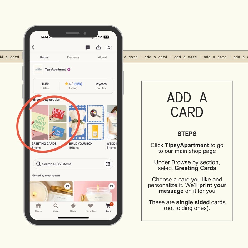 a smartphone displaying a greeting card app interface, with a red circle highlighting a specific greeting card. The app interface includes options for browsing, searching for items, and adding cards to a shopping cart.