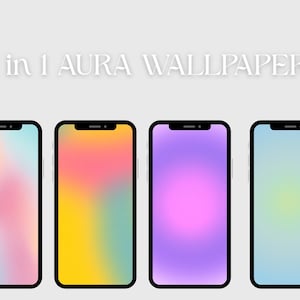 May include: Four smartphones with black bezels display colorful, blurred gradient backgrounds. The phones showcase a variety of hues, including pink, yellow, purple, and blue. The text "12 in 1 AURA WALLPAPERS" is at the top.