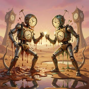 Könnte beinhalten: Zwei Roboter im Steampunk-Stil mit Zifferblättern als Köpfe und Brust stehen in einer Wüstenlandschaft. Sie sind metallisch mit tropfender, farbiger Flüssigkeit. Ein helles Licht geht von ihren gefalteten Händen aus. Uhrtürme sind im Hintergrund.