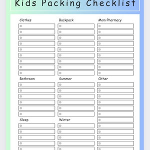 Lager-Packliste, Kinder-Packliste, Reise-Packliste, druckbare Packliste