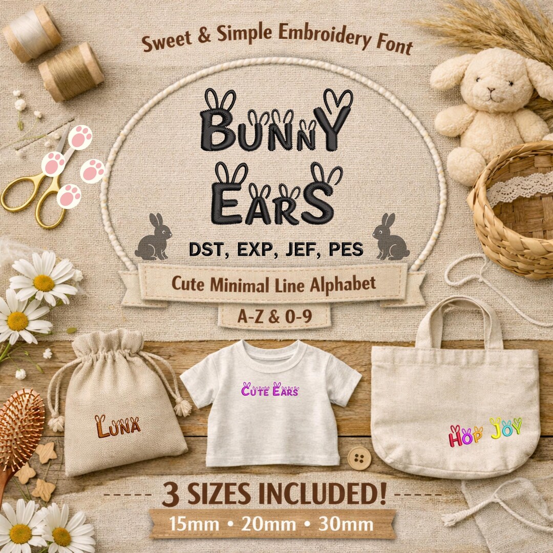 Minimal Line Bunny Ears Embroidery Font – 3 Sizes (15mm, 20mm, 30mm) - Etsy
