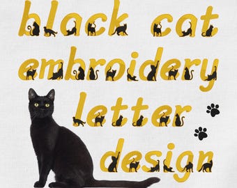 Black cat embroidery pattern, letters a-z&0-9. letter design. MULTIPLE FORMATS Download