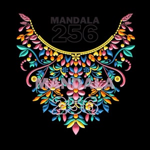 K&ouml;nnte beinhalten: Ein farbenfrohes Blumenmuster auf gelbem, goldenem und schwarzem Hintergrund. Das Design zeigt eine Vielzahl von Blumen und Bl&auml;ttern in Rosa-, Blau-, Gr&uuml;n- und Oranget&ouml;nen. Der Text "MANDALA 256" ist oben im Design dargestellt.