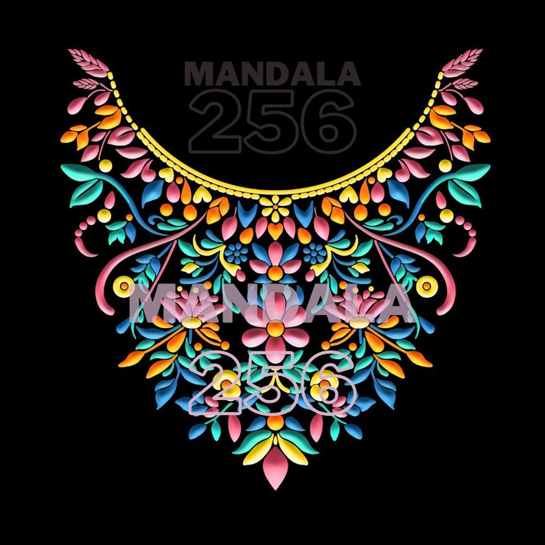 K&ouml;nnte beinhalten: Ein farbenfrohes Blumenmuster auf gelbem, goldenem und schwarzem Hintergrund. Das Design zeigt eine Vielzahl von Blumen und Bl&auml;ttern in Rosa-, Blau-, Gr&uuml;n- und Oranget&ouml;nen. Der Text "MANDALA 256" ist oben im Design dargestellt.