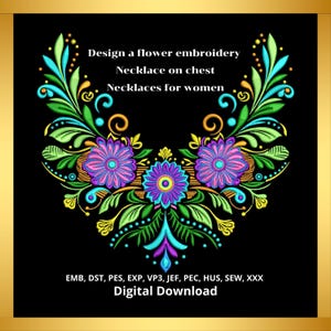 Entwerfen Sie eine Blume Stickerei Halskette auf der Brust Halsketten für Frauen Floral Ausschnitt Stickerei Muster Instant Download