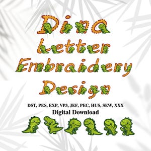 Dinosaurusalfabetlettertypen machineborduurontwerpen, letters A-Z, a-z&0-9. letterontwerp. MEERDERE FORMATEN Downloaden