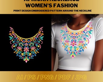 Collar de moda africana para mujer Patrón de bordado de escote / bordado digital. ai / psd / png / pdf / jpg Descarga instantánea