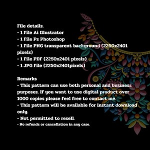 K&ouml;nnte beinhalten: Ein digitales Muster mit einem farbenfrohen Blumendesign. Das Muster ist in den Formaten AI Illustrator, Photoshop, PNG, PDF und JPG verf&uuml;gbar. Das Bild enth&auml;lt Text, der die Dateiinformationen und Hinweise zur Verwendung des Musters beschreibt.