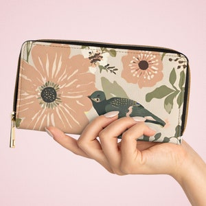 Carteira floral com zíper de pássaro boho, padrão de flores de arte popular, bolsa de moedas de dinheiro, presente para aniversário de amantes da natureza