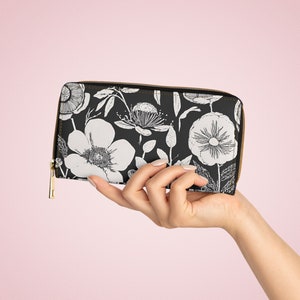 黒と白の花柄ジッパー付き財布、ヴィンテージフラワーデザインのお金小銭入れ、ガーデン愛好家への誕生日プレゼント