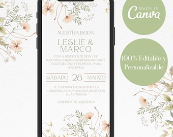 Floral wedding invitation template, Boho invitation, party invitation, editable wedding invitations, canva invitation template