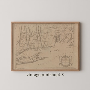 carte vintage de la côte est |  Long Island, Connecticut, Rhode Island, décoration murale côtière, impression de maison de plage, art nautique, esthétique pêcheur