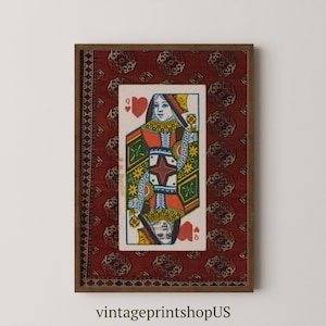 Funky Queen of Hearts Collage Print | Cyfrowe karty do gry, Eklektyczna sztuka talii kart, Kolorowa sztuka ścienna w stylu vintage, Sztuka ścienna do pokoju gier retro