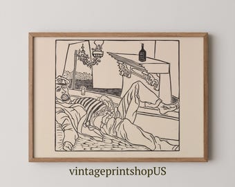 May include: Black and white print of a man reclining on a windowsill, with a bottle and cityscape visible. The artwork is framed in a light brown wooden frame. The text "vintageprintshopUS" is at the bottom.