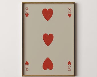 Three of Hearts Art Print: Retro Playing Card Poster (Digital Download)