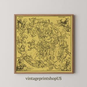 Vintage Sternbild Karte | Antike Sternzeichen-Sternenkarte, Astrologie Rad Druck, Kosmos Sonnensystem Druck, Gelber Celestial Art Poster
