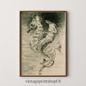 Vintage zeemeermin zeepaardje kunstafdruk | Digitale download, Sirenekunstwerk, Beach House-kunstwerk, Antieke oceaanprint, Muurdecoratie kust, Mythisch