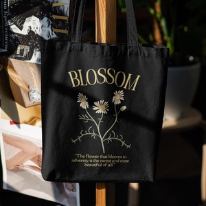 Vintage Flower Cotton Canvas Tote Bag - Vintage Style Floral Reusable Shopping Bag - Cute Blossom Tote Bag with Inspiring Quote - Cute Gift