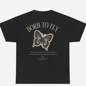 Born to Fly Butterfly Tee | Inspirational Unisex Mediums Cotton Faith-Based T-shirt | Trendy Vintage Scrapbook Style Butterfly Graphic Tee