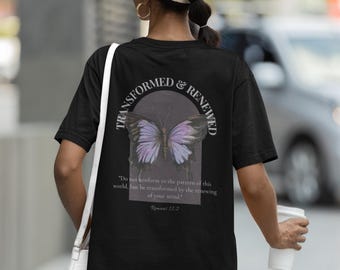 Transformed Renewed Christian T Shirt Romans 12 2 Butterfly Faith Tee Bible Verse Shirt Scripture Gift Religious Graphic Tee
