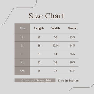 May include: A size chart for a crewneck sweatshirt on a light gray background. The table lists sizes S through XXL with corresponding length, width, and sleeve measurements in inches. The text includes 'Size Chart', 'Crewneck Sweatshirt', and 'Size In Inches'.