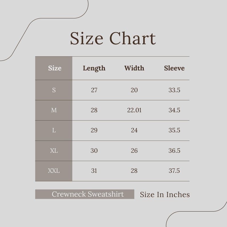 May include: A size chart for a crewneck sweatshirt on a light gray background. The table lists sizes S through XXL with corresponding length, width, and sleeve measurements in inches. The text includes 'Size Chart', 'Crewneck Sweatshirt', and 'Size In Inches'.