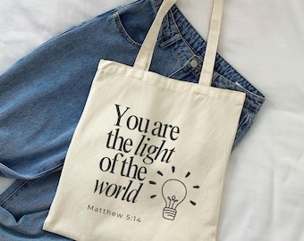 Matthew 5 14 Tote Bag Canvas Tote Christian Faith Gift Reusable Market Shopping Scripture Shoulder Carryall Light Of The World Encouragement