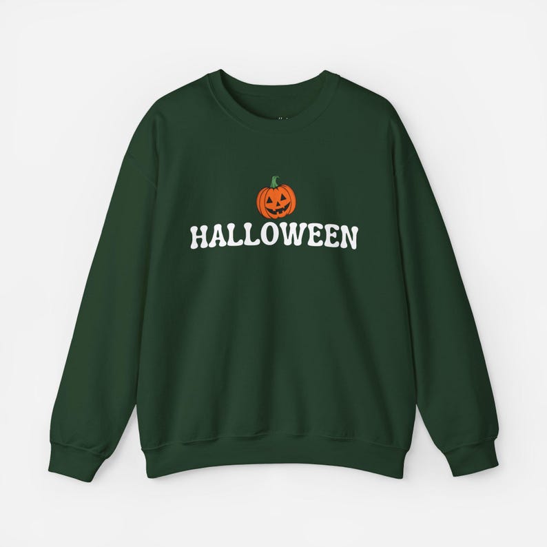 Vintage Pumpkin Crewneck Sweatshirt Retro Halloween Pullover Spooky Season Outfit Unisex Fall Wear October Party Gift Idea for Women and Men Forest Green