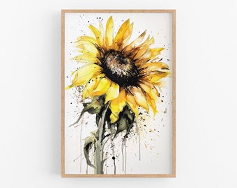 Sunflower Print Wall Art No.110 | Art Print | Water Sunflower Canvas Art | Flower Home Decor | Botanic Art | Farmhouse Watercolor Painting