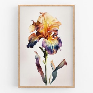 May include: A framed print featuring a close-up of an iris flower. The flower has yellow, orange, purple, and blue petals. The stem and leaves are green and purple. The frame is made of light-colored wood.