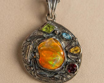 Mexican Fire Opal Pendant Necklace | Sterling Silver Opal Pendant | Natural Gemstone Statement Necklace Gift for Her