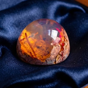 May include: A polished, dome-shaped cabochon gemstone featuring a translucent, amber-colored resin body with embedded organic inclusions, including reddish-brown fibrous elements and textured, earthy, multi-colored mineral-like fragments.