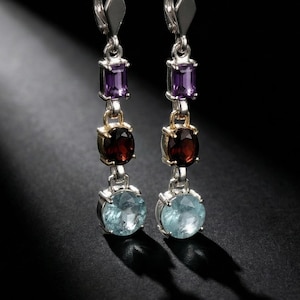 Sterling Silver Aquamarine Garnet Amethyst Earrings – Colorful Gemstone Dangle Earrings, Handmade Luxury Jewelry