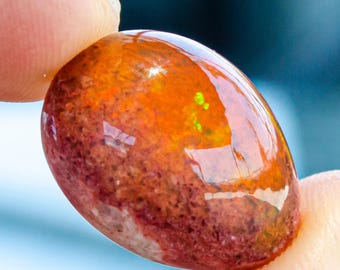 Natural Mexican Red Fire Opal Cabochon – 12x17 mm Boulder Matrix Opal for Jewelry Making & Wire Wrapping