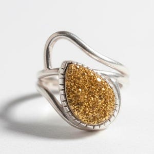 Gold Druzy Ring Handmade 950 Silver – Sparkling Statement Ring, Crystal Texture Ring, Gift for Her, Bold Unique Jewelry