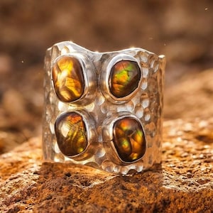 Mexican Fire Agate Ring in Hammered Sterling Silver – Wide Artisan Band with 4 Natural Fire Agates