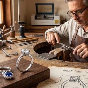Puede incluir: Un joyero trabaja en un anillo con un diamante grande. El taller cuenta con diversas herramientas, un plano y un anillo terminado con un diamante grande y un colgante de zafiro. El texto en el plano dice "CUSTOM RING - KANAN".