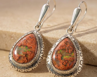 Mexican Fire Opal Dangle Earrings | Sterling Silver Opal Earrings | Natural Gemstone Boho Earrings Gift for Her