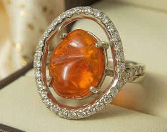 Mexican Fire Opal Ring Sterling Silver 950 | Orange Opal Cocktail Ring | Handmade Statement Ring Gift for Her