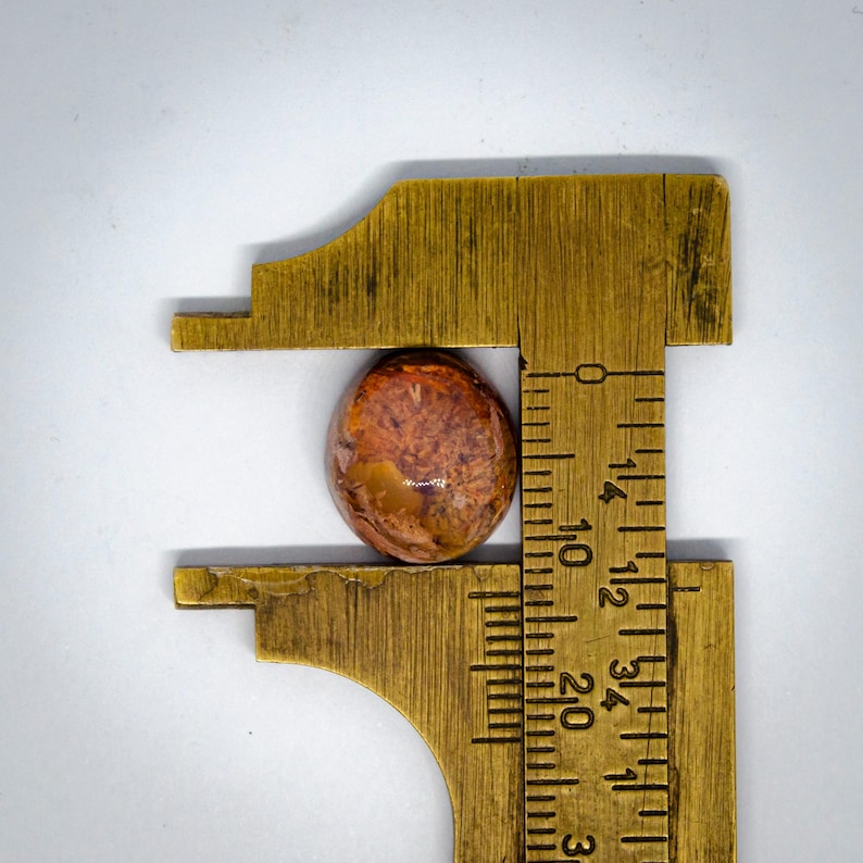May include: A round, polished gemstone with mottled orange, brown, and cream patterns. The stone is positioned within a brass caliper, showing a diameter of approximately 0.75 inches on the imperial scale marked on the tool's metal surface.