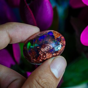 May include: A vibrant, iridescent opal cabochon with a mix of green, blue, and purple hues. The stone has a rough, natural texture and a dark brown base.