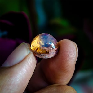 May include: A small, translucent, dome-shaped cabochon featuring a warm amber-colored base with internal golden needle-like inclusions and a subtle iridescent blue sheen on the upper surface, displaying a textured, earthy layer at the bottom.