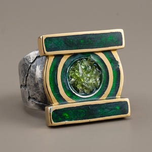 Green Lantern Ring in Silver & Gold-Plated Silver – Lantern Style Ring, Superhero Inspired Energy Ring, Futuristic Statement Jewelry