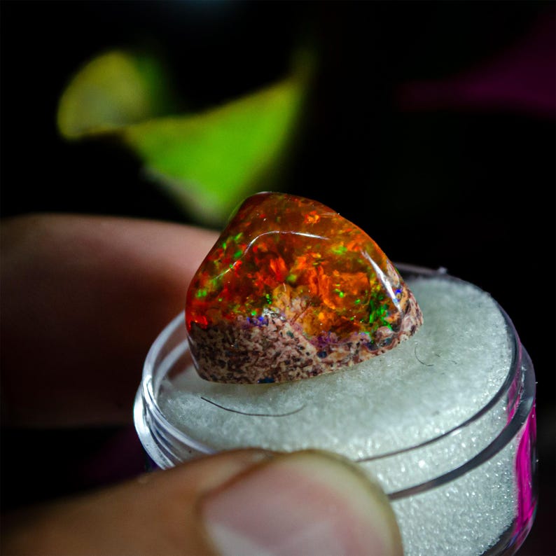 May include: A vibrant, polished opal gemstone with a fiery display of orange, red, and green internal colors. The opal is set in a clear plastic container with a white foam base. The stone's base has a rough, textured appearance.