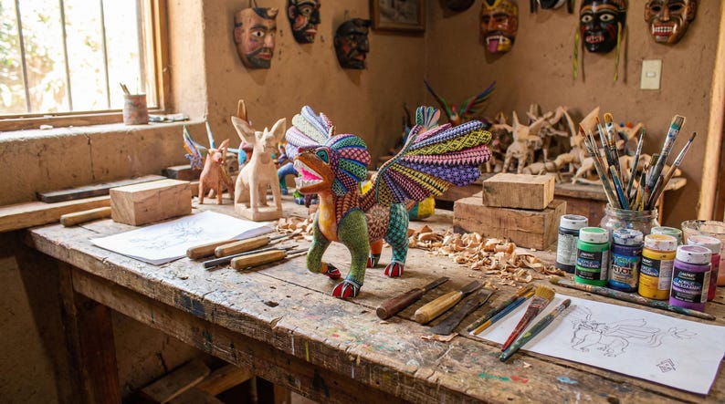 May include: A hand-carved wooden alebrije sculpture featuring a mythical creature with vibrant, multi-coloured geometric patterns, large wings, and a fierce expression, displayed on a workbench surrounded by carving tools and paint supplies.