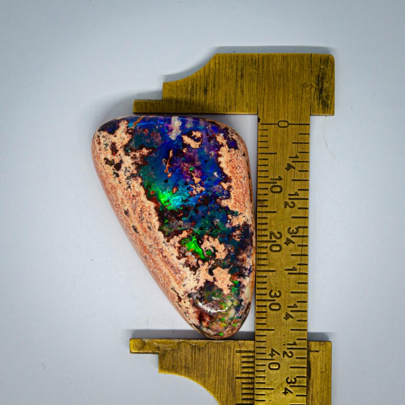 May include: A vibrant, multi-colored opal gemstone with a rough, natural shape. The opal is approximately 1.5 inches long and is measured against a brass ruler.
