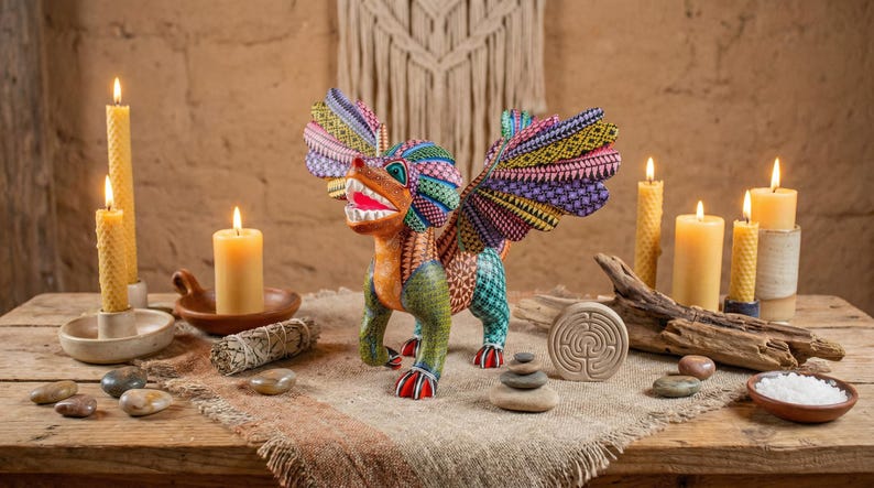 May include: A hand-carved wooden alebrije figurine featuring a mythical creature with wings, painted in vibrant patterns of green, orange, blue, and purple. The creature has an open mouth with white teeth and stands on four legs with red claws.